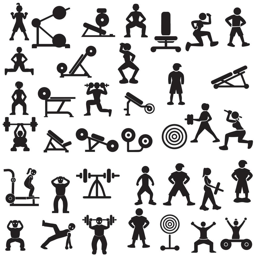 ai generiert Person Fitnessstudio trainieren Stock Zahl Silhouette Symbol einstellen vektor