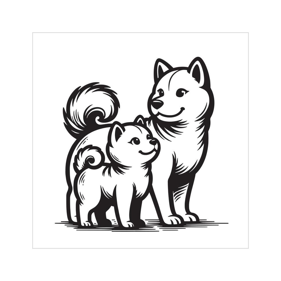 ai genererad shiba inu hund familj ClipArt illustration i svart och vit vektor