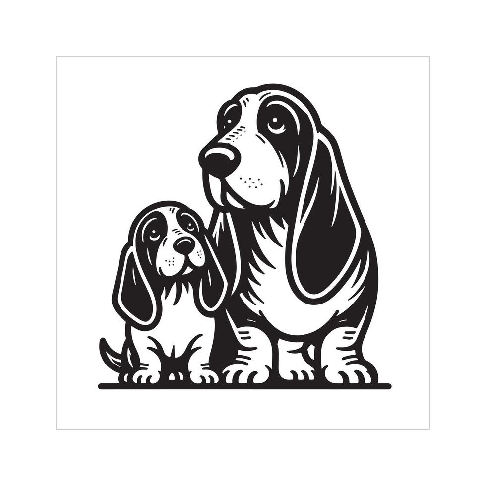 ai generiert Basset hetzen Hund Familie Clip Art Illustration im schwarz und Weiß vektor