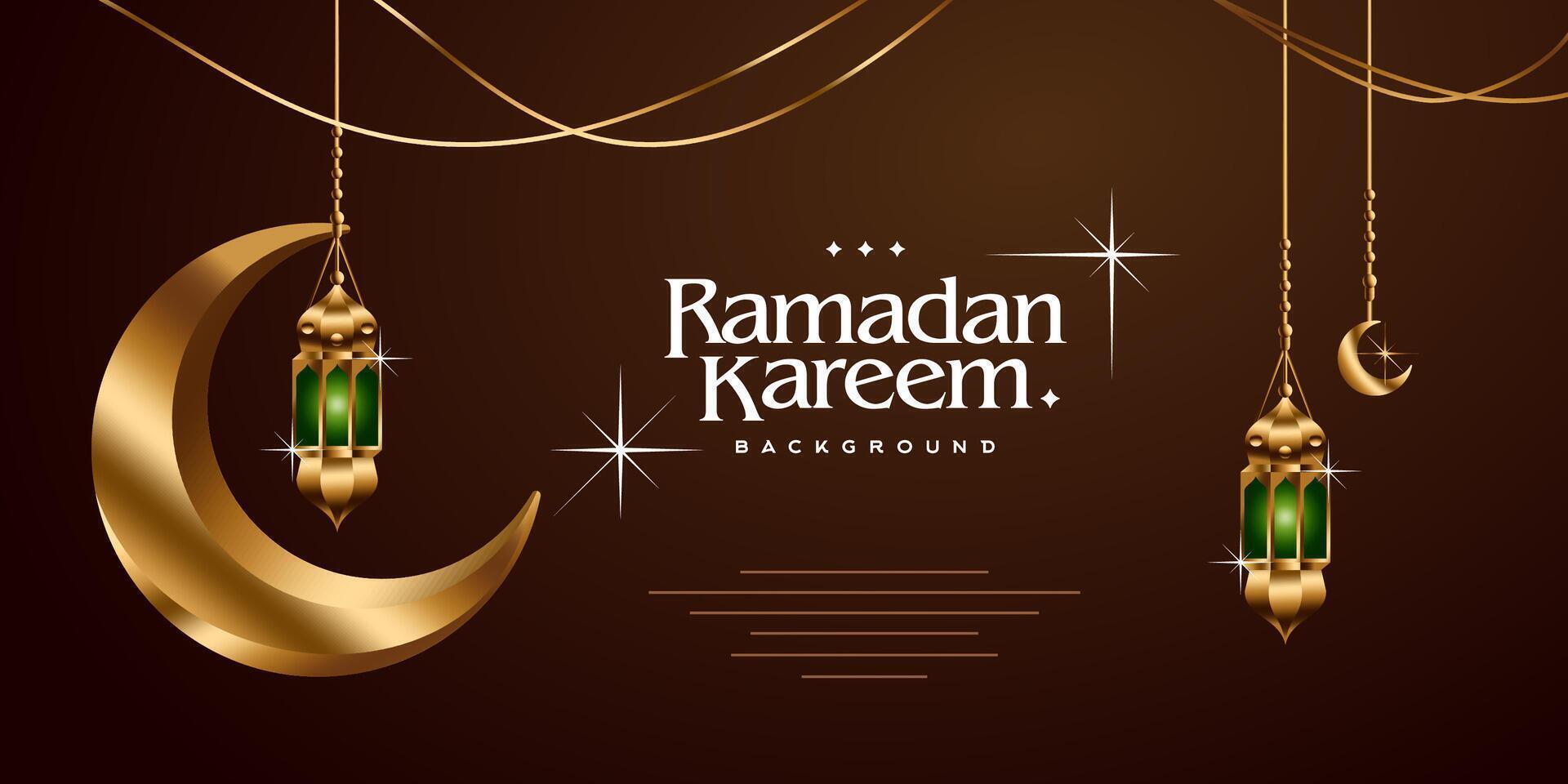 braun und golden Ramadan kareem Gruß Karte Vektor. 3d Vektor modern islamisch Urlaub Banner, Ramadan kareem meint Ramadan das großzügig Monat. hängend Laterne und Halbmond Mond Dekor Illustration