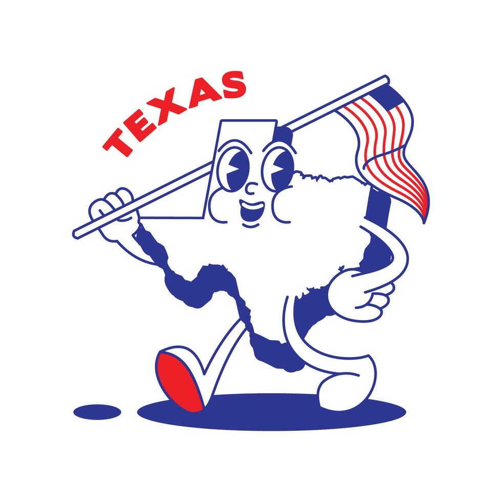 Texas Zustand retro Maskottchen mit Hand und Fuß Clip Kunst. USA Karte retro Karikatur Aufkleber mit komisch Comic Zeichen und behandschuhte Hände. Vektor Vorlage zum Webseite, Design, Abdeckung, Infografiken.