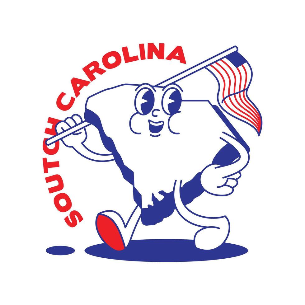 söder Carolina stat retro maskot med hand och fot klämma konst. USA Karta retro tecknad serie klistermärken med rolig komisk tecken och handskar händer. vektor mall för hemsida, design, omslag, infografik.