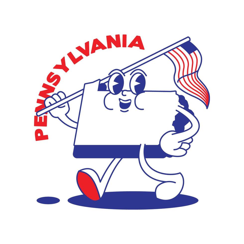 Pennsylvania Zustand retro Maskottchen mit Hand und Fuß Clip Kunst. USA Karte retro Karikatur Aufkleber mit komisch Comic Zeichen und behandschuhte Hände. Vektor Vorlage zum Webseite, Design, Abdeckung, Infografiken.