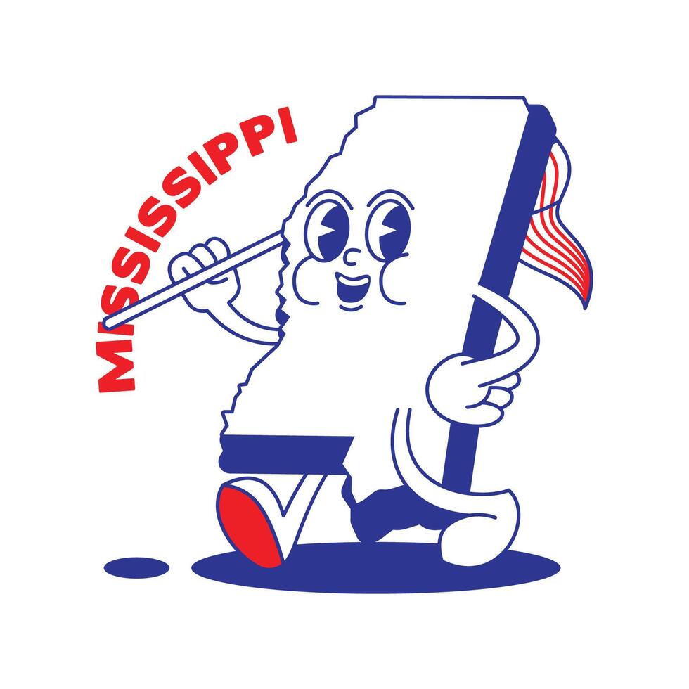 Mississippi Zustand retro Maskottchen mit Hand und Fuß Clip Kunst. USA Karte retro Karikatur Aufkleber mit komisch Comic Zeichen und behandschuhte Hände. Vektor Vorlage zum Webseite, Design, Abdeckung, Infografiken.