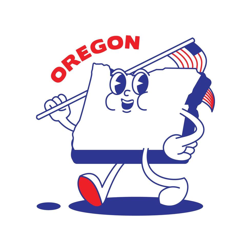 oregon stat retro maskot med hand och fot klämma konst. USA Karta retro tecknad serie klistermärken med rolig komisk tecken och handskar händer. vektor mall för hemsida, design, omslag, infografik.