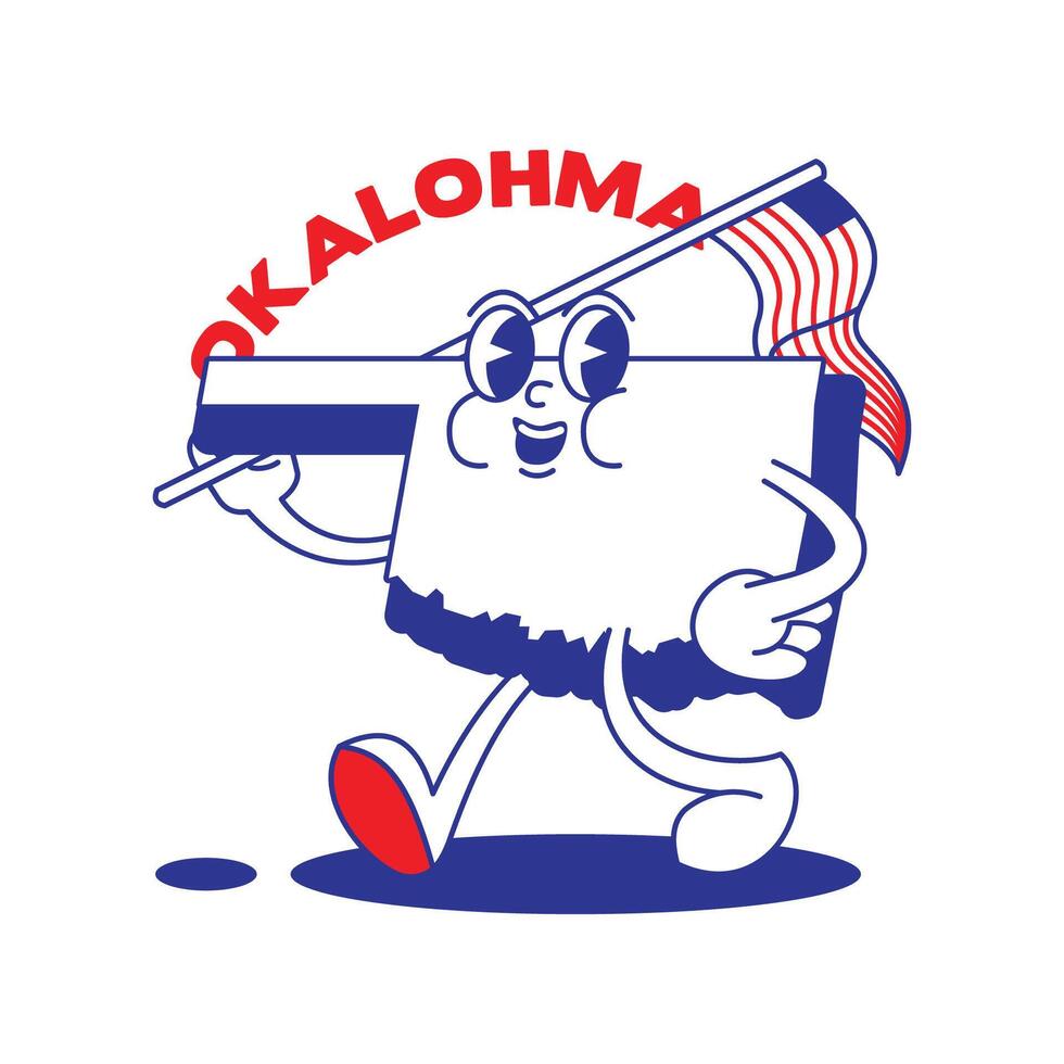 Oklahoma Zustand retro Maskottchen mit Hand und Fuß Clip Kunst. USA Karte retro Karikatur Aufkleber mit komisch Comic Zeichen und behandschuhte Hände. Vektor Vorlage zum Webseite, Design, Abdeckung, Infografiken.