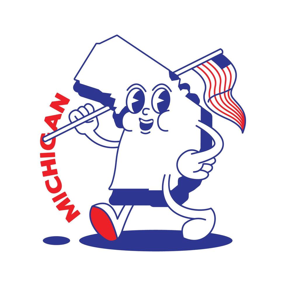 Michigan stat retro maskot med hand och fot klämma konst. USA Karta retro tecknad serie klistermärken med rolig komisk tecken och handskar händer. vektor mall för hemsida, design, omslag, infografik.