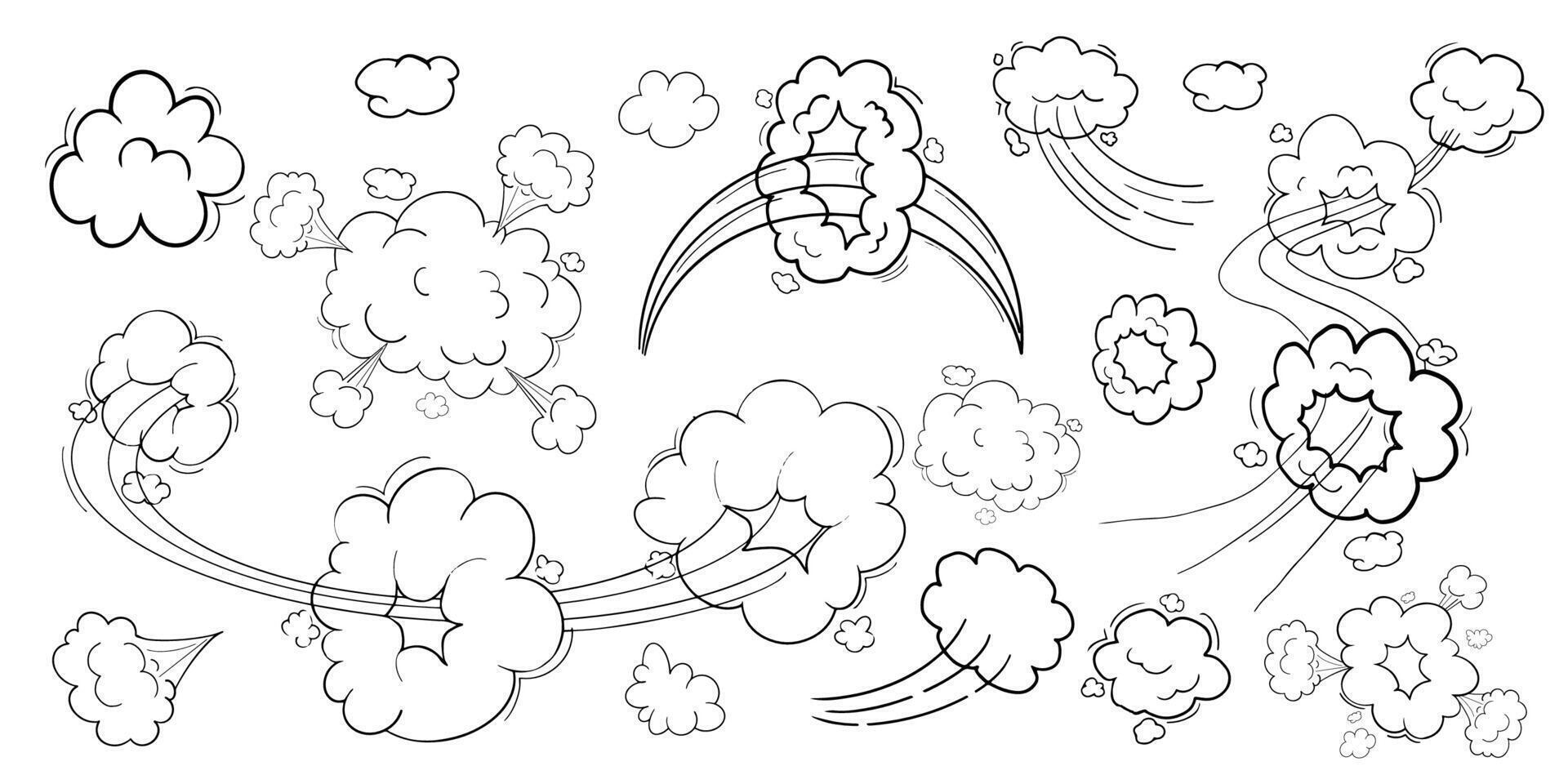 Comic Bewegung Wirkung, Wolken Geschwindigkeit Weg, Weg einstellen schnell Wind Strudel, Puff Poof Elemente isoliert auf Weiß Hintergrund. Schlag Explosion. Vektor Illustration