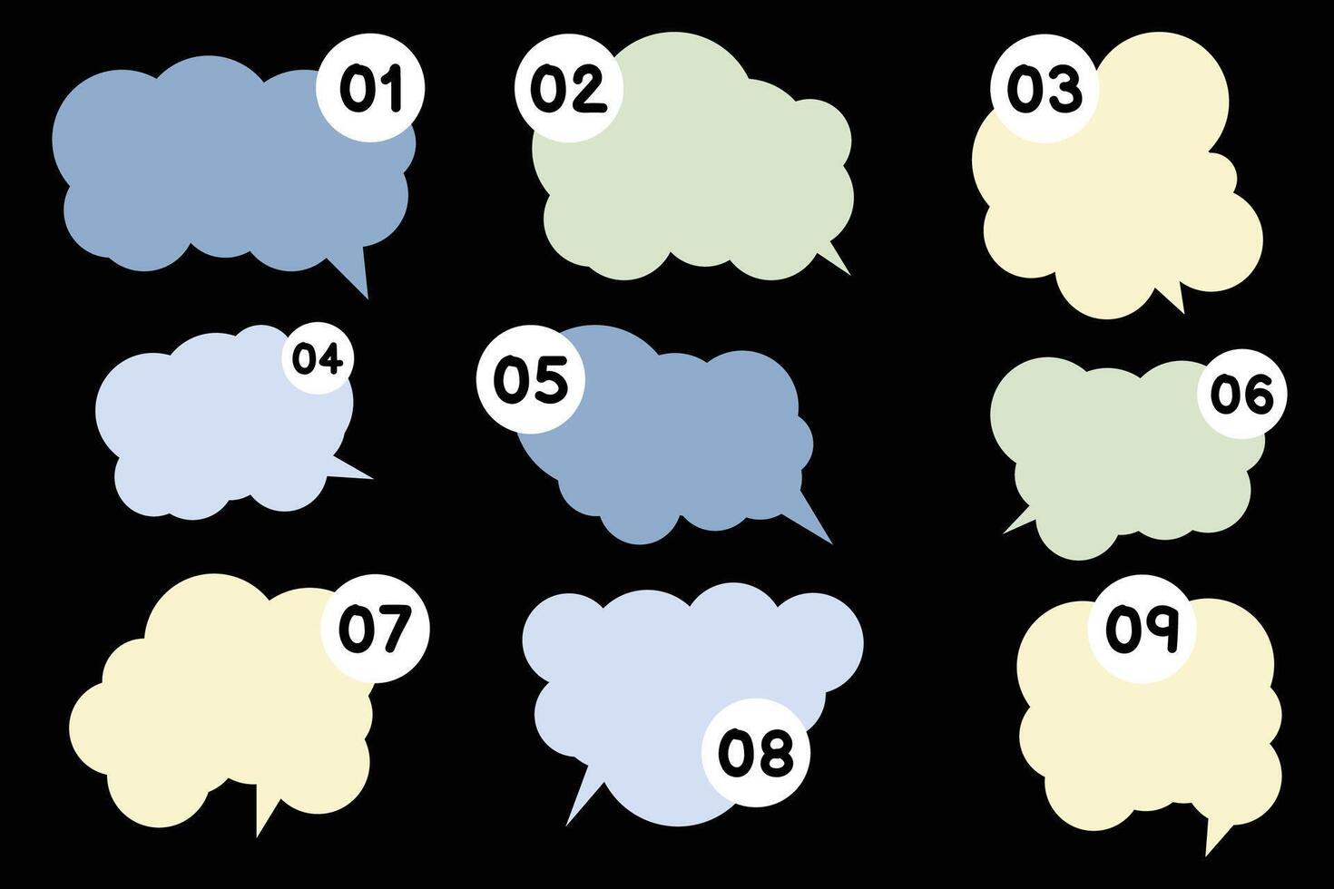 einstellen Rede Luftblasen mit Zahlen auf schwarz Hintergrund. Plaudern Box Vektor Platz und Gekritzel Kommunikation Symbol Wolke Sprechen zum Comics und minimal Botschaft Dialog