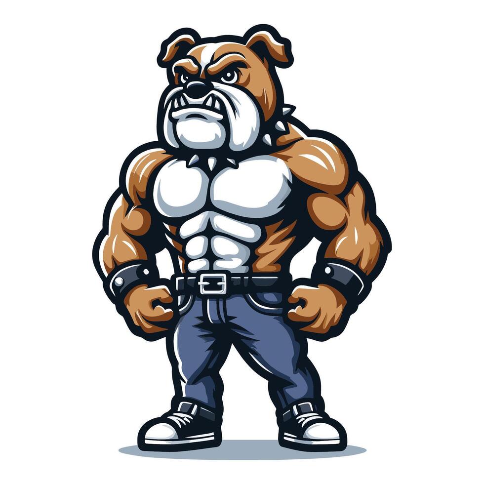 ai generiert stark sportlich Körper Muskel Bulldogge Maskottchen Design Vektor Illustration, Logo Vorlage isoliert auf Weiß Hintergrund