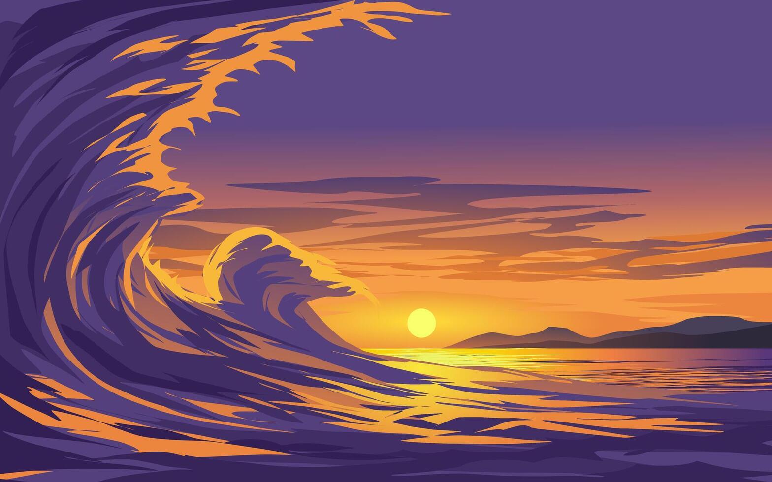 strand solnedgång lanscape med vågor vektor