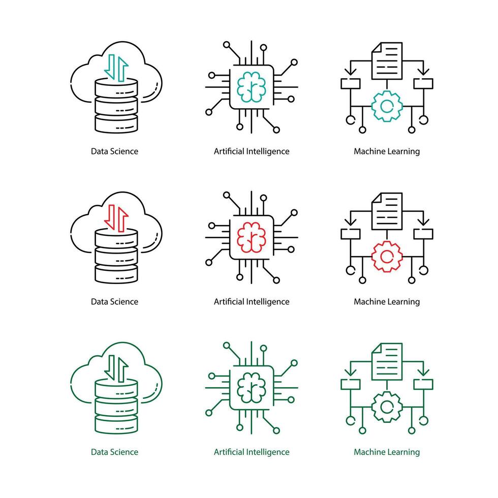Daten Wissenschaft vs. ai vs. ml Grafik Vektor Symbole differenzieren Schlüssel Technologien