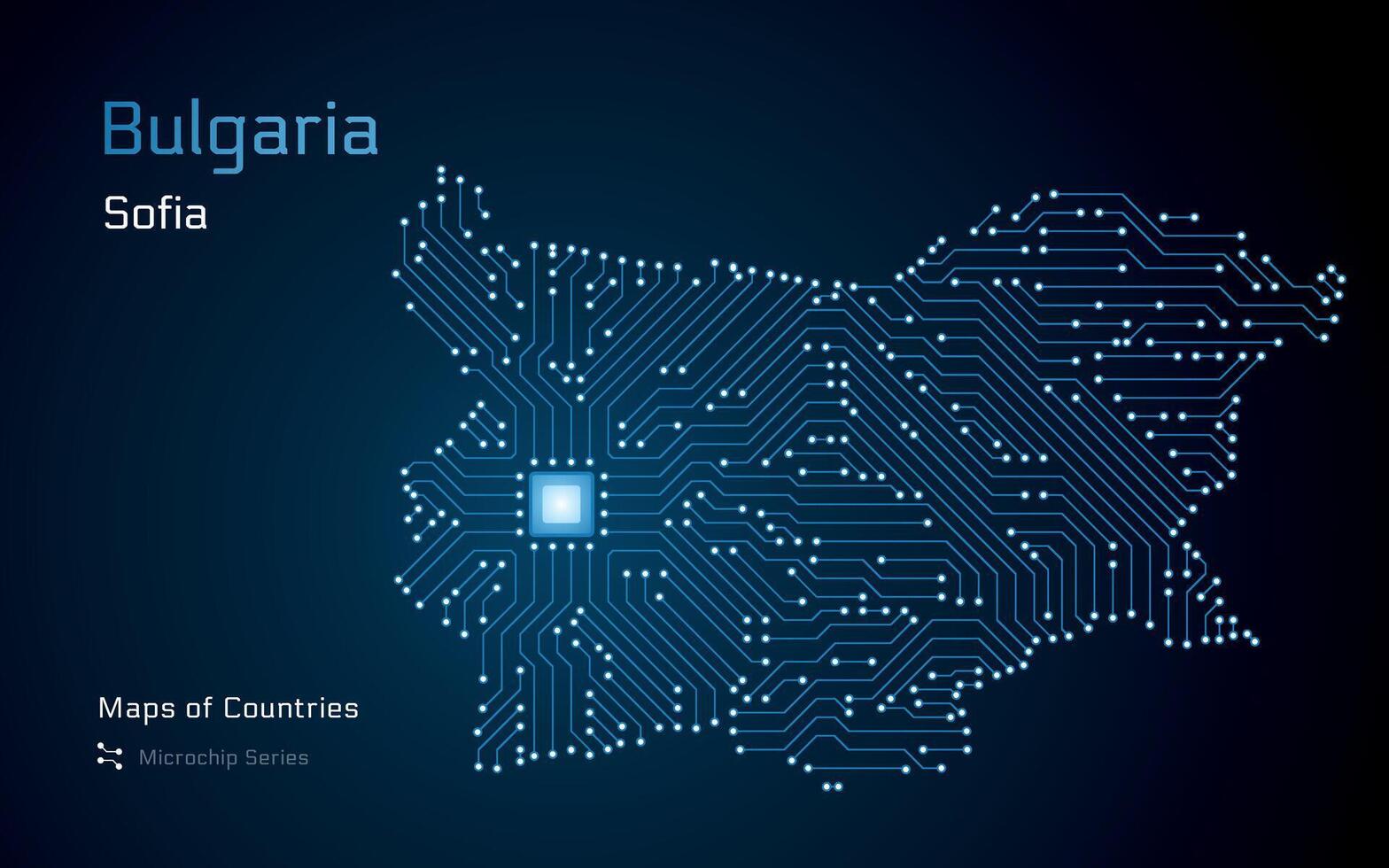 Bulgarien Karte mit ein Hauptstadt von Sofia gezeigt im ein Mikrochip Muster mit Prozessor. E-Government. Welt Länder Vektor Karten. Mikrochip Serie