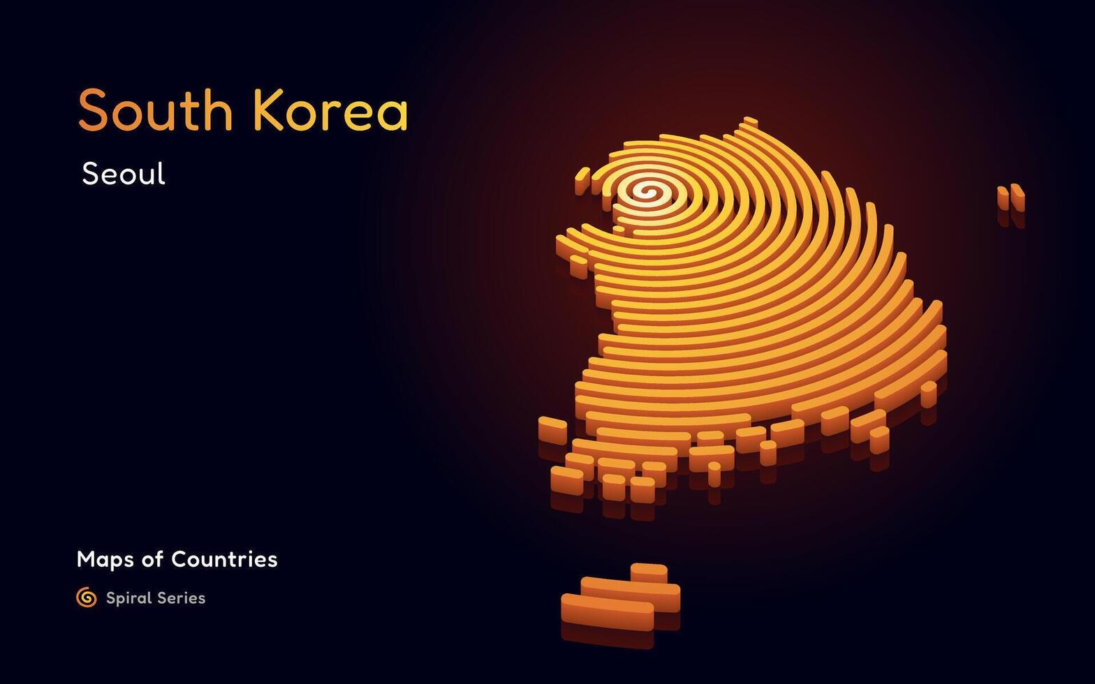 3d Gold Vektor Karte von Süd Korea ein Kreis Spiral- Muster mit ein Hauptstadt von Seoul