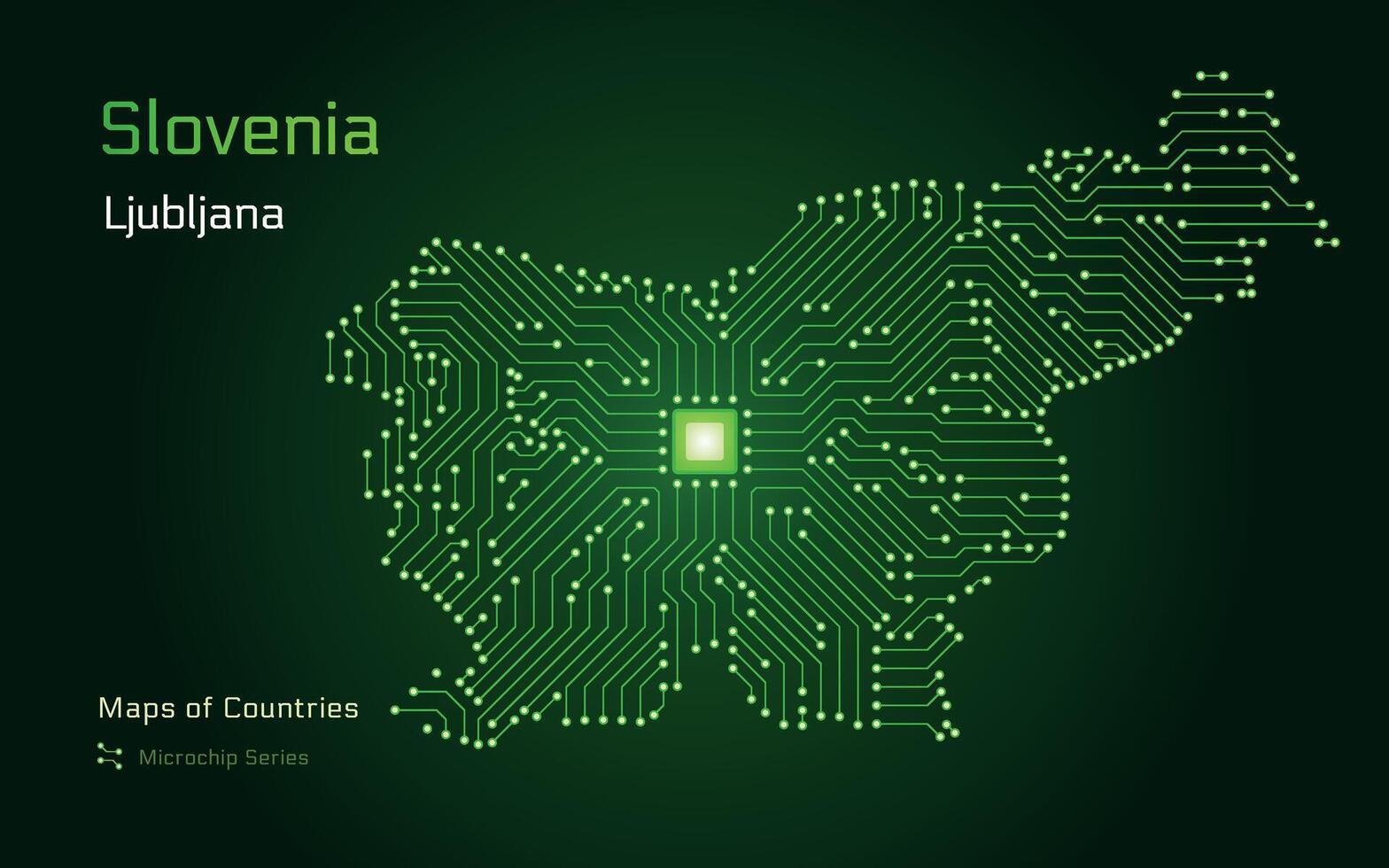 Slowenien, Karte mit ein Hauptstadt von ljubljana gezeigt im ein Mikrochip Muster. E-Government. Welt Länder Vektor Karten. Mikrochip Serie