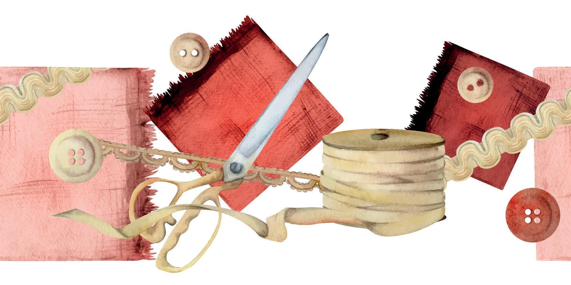 hand dragen vattenfärg illustration sömnad hantverk förnödenheter. tyg sax snaps, trä- knappar band spole spets, röd beige. ram isolerat på vit bakgrund. design ateljé, skräddare, hobby affär vektor