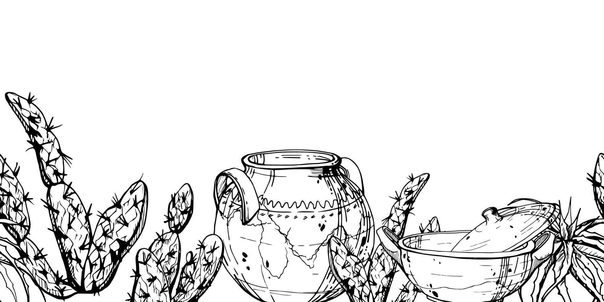hand dragen bläck vektor illustration, natur öken- växt saftig kaktus aloe agave, keramisk indisk matlagning pott. sömlös baner isolerat på vit bakgrund. design resa, semester, broschyr, skriva ut