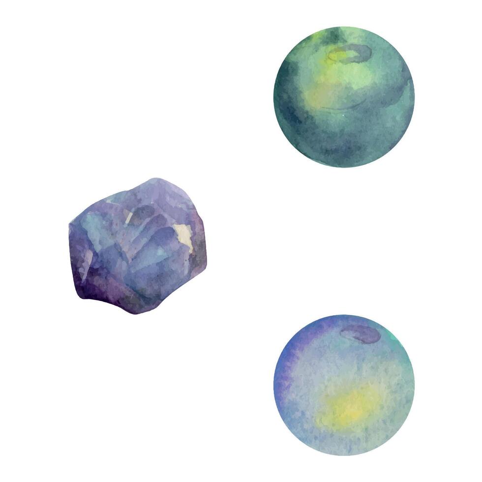 hand dragen vattenfärg illustration dyrbar HALV juvel pärla kristall chakra födelse sten. månsten flusspat pärlor. uppsättning av objekt isolerat vit bakgrund. design skriva ut, affär, Smycken, mode vektor