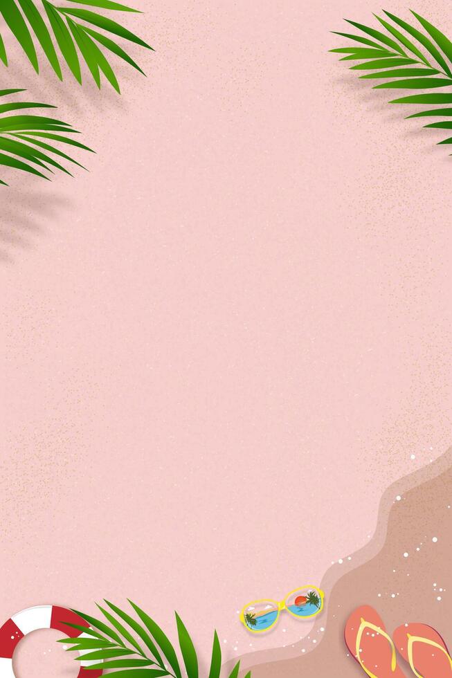 sand textur bakgrund med handflatan löv siluett, kokosnöt blad skugga på rosa sandig strand, vektor topp se sand yta, bakgrund bakgrund bred horisont öken- dyn för sommar produkt presentation