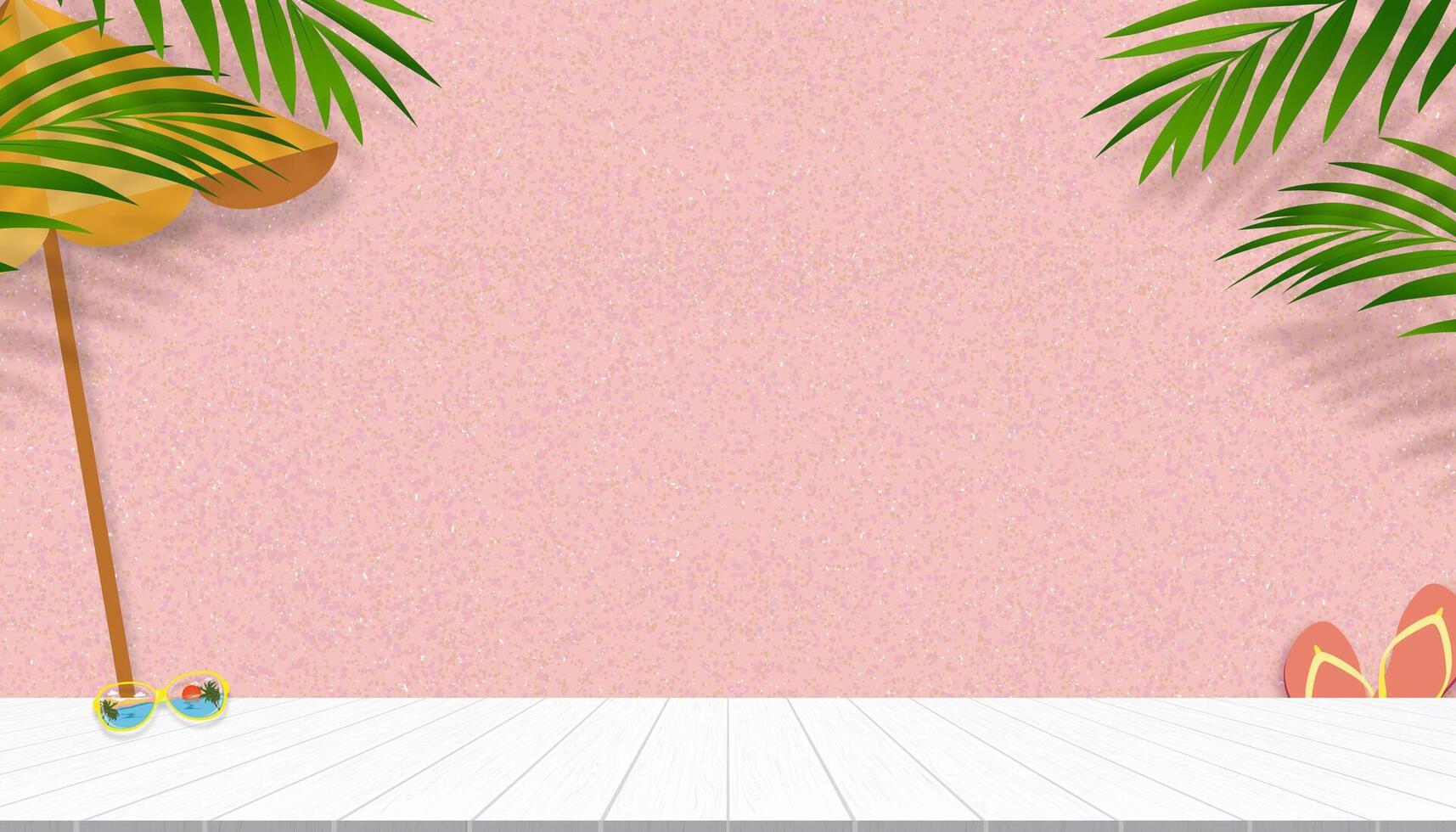 Sand Textur Hintergrund mit Palme Blätter Silhouette, Kokosnuss Blatt Schatten auf Rosa sandig Strand, Vektor oben Aussicht Sand Oberfläche, Hintergrund Hintergrund breit Horizont Wüste Düne zum Sommer- Produkt Präsentation