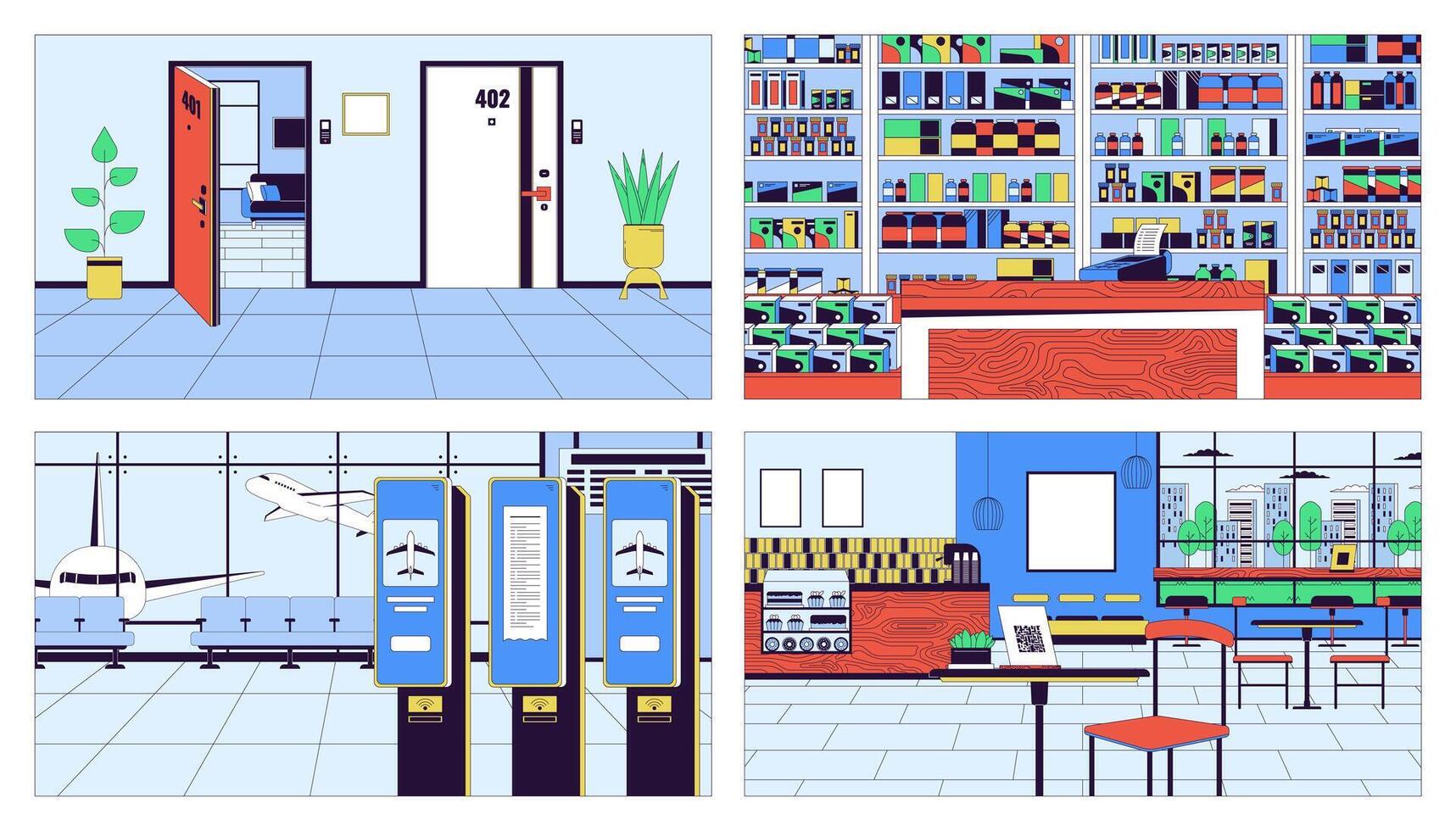 offentlig Plats inomhus tecknad serie platt illustration uppsättning. korridor lägenhet, apotek disken 2d linje interiörer färgrik bakgrunder samling. flygplats, kaffe affär scener vektor berättande bilder