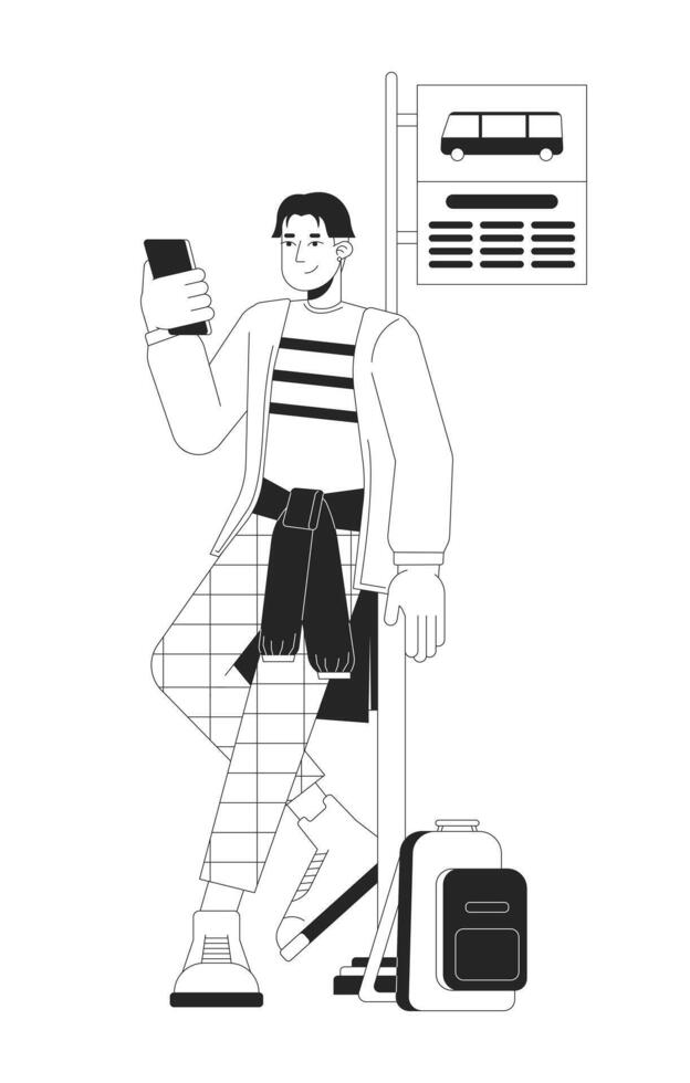 asiatisch Kerl gelehnt auf Straße Zeichen Bus halt schwarz und Weiß 2d Linie Karikatur Charakter. Koreanisch Mann Scrollen Telefon isoliert Vektor Gliederung Person. warten Transport monochromatisch eben Stelle Illustration