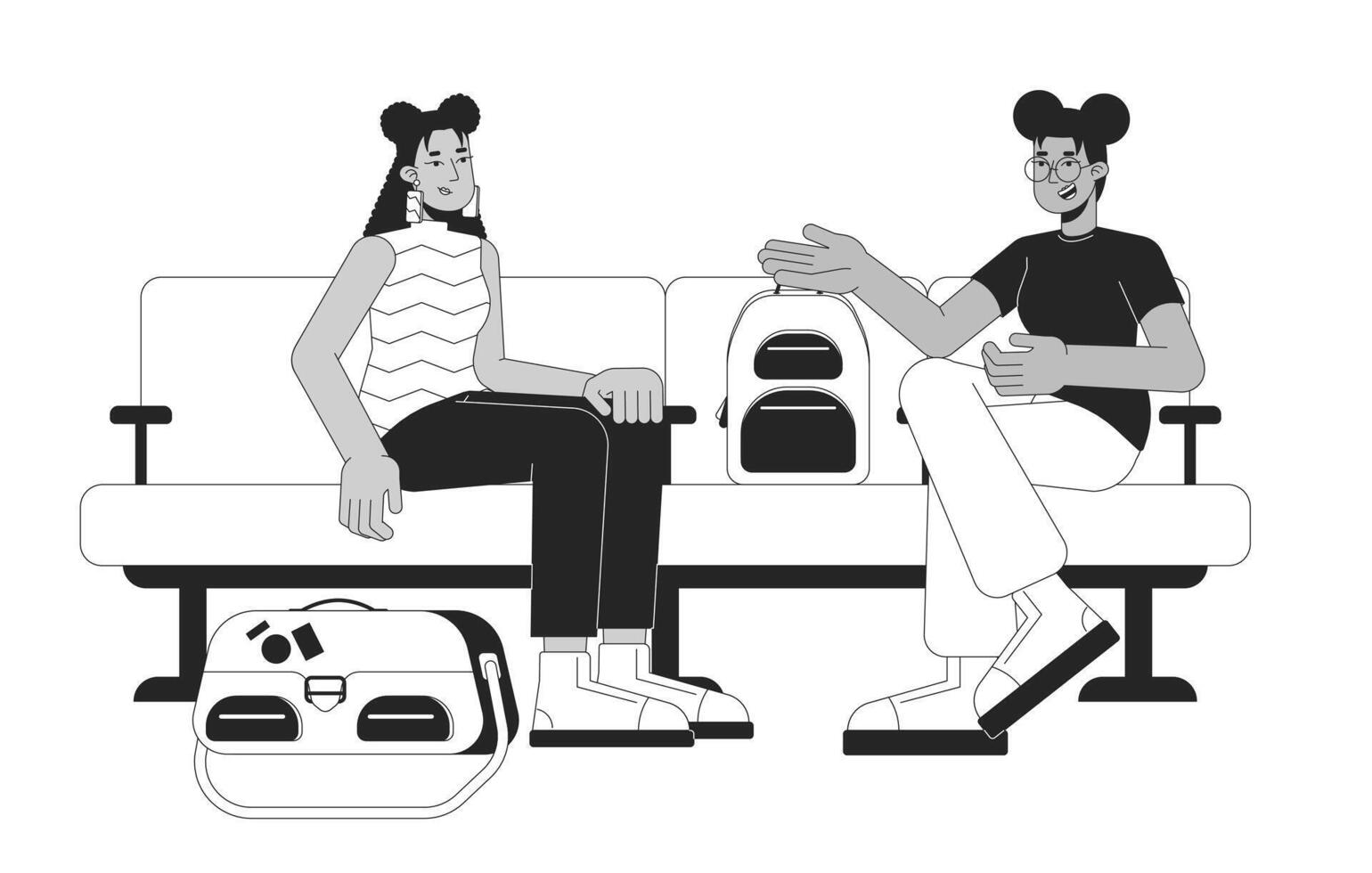 warten Passagiere Frauen freunde schwarz und Weiß 2d Linie Karikatur Figuren. Reisende Flughafen Terminal Sitze isoliert Vektor Gliederung Personen. reden im Bereich warten monochromatisch eben Stelle Illustration