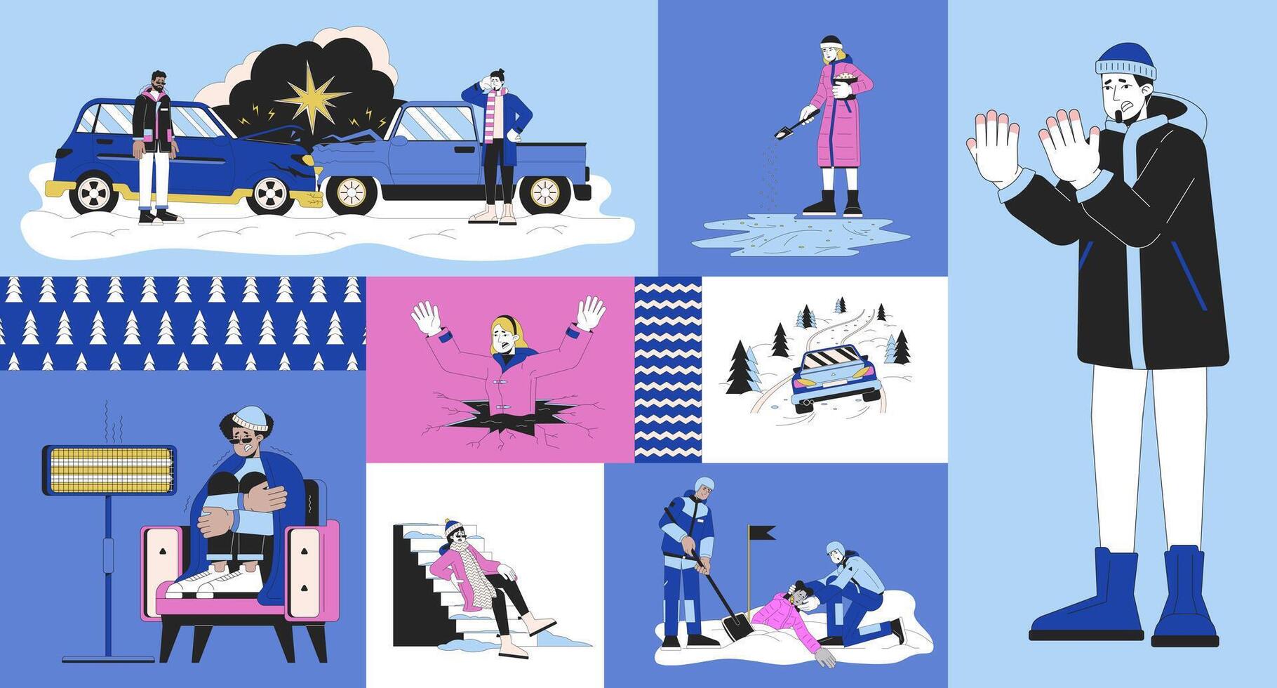 Winter Gefahren Bento Gitter Illustration Satz. Achtung auf Straße, Lawine, kalt Wetter Verletzungen 2d Vektor Bild Collage Design Grafik Sammlung. Einfrieren Erwachsene eben Zeichen Moodboard Layout