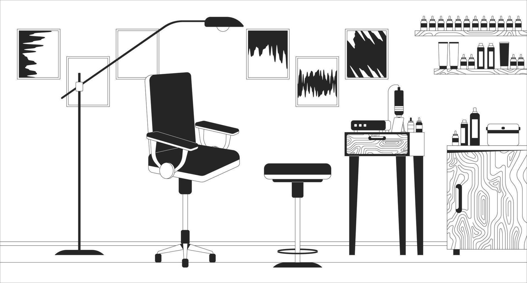 tätowieren Künstler Arbeitsplatz schwarz und Weiß Linie Illustration. Tätowierung Werkzeuge und Lieferungen. Haut Kunst Salon 2d Innere einfarbig Hintergrund. Schönheit Bedienung klein Geschäft Gliederung Szene Vektor Bild