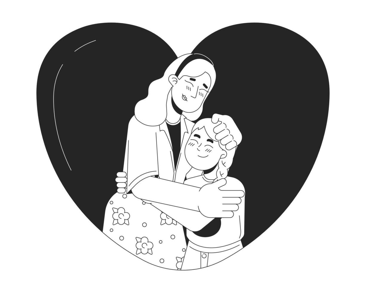 hjärtformade ung dotter mor kram svart och vit 2d linje tecknad serie tecken. hjärtformad mamma och barn caucasian isolerat vektor översikt människor. omtänksam enfärgad platt fläck illustration