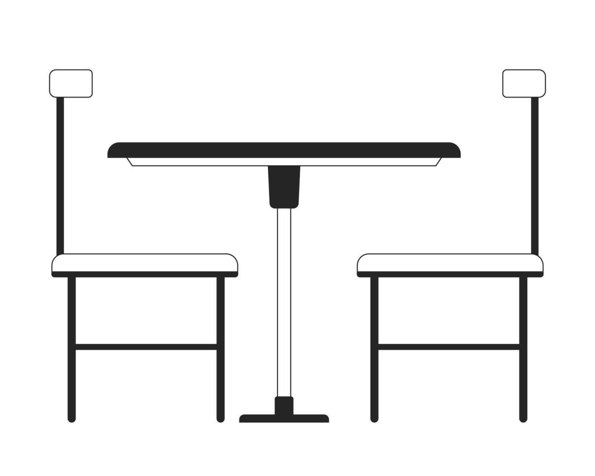 Cafeteria Tabelle Stühle schwarz und Weiß 2d Linie Karikatur Objekt. Cafe Möbel isoliert Vektor Gliederung Artikel. Essen Zimmer, Restaurant Sitze. Kaffee Geschäft Innere monochromatisch eben Stelle Illustration