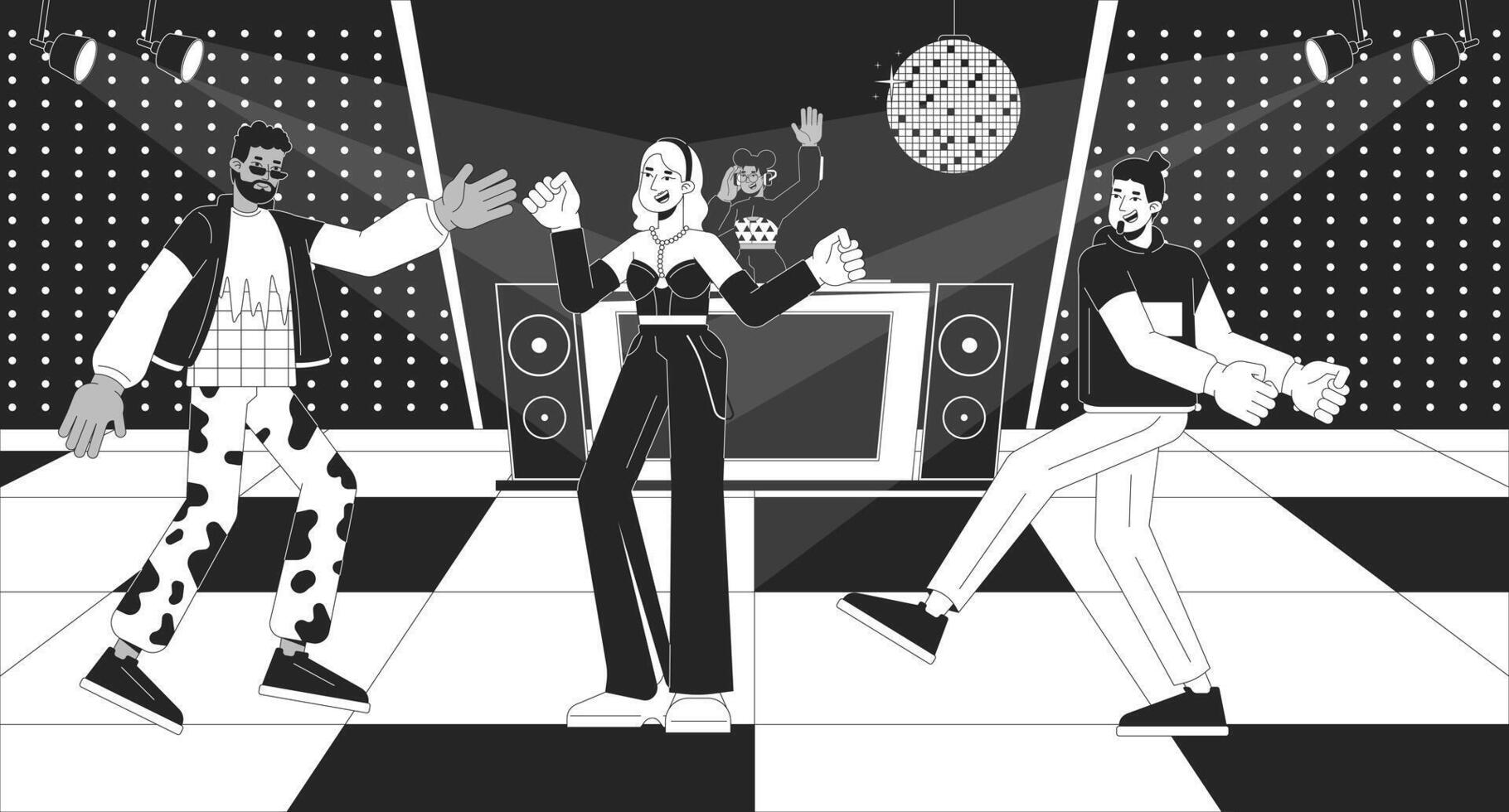 disko fest svart och vit linje illustration. retro stil musik. Lycklig vänner dans under dj uppsättning 2d tecken svartvit bakgrund. nattklubb atmosfär översikt scen vektor bild