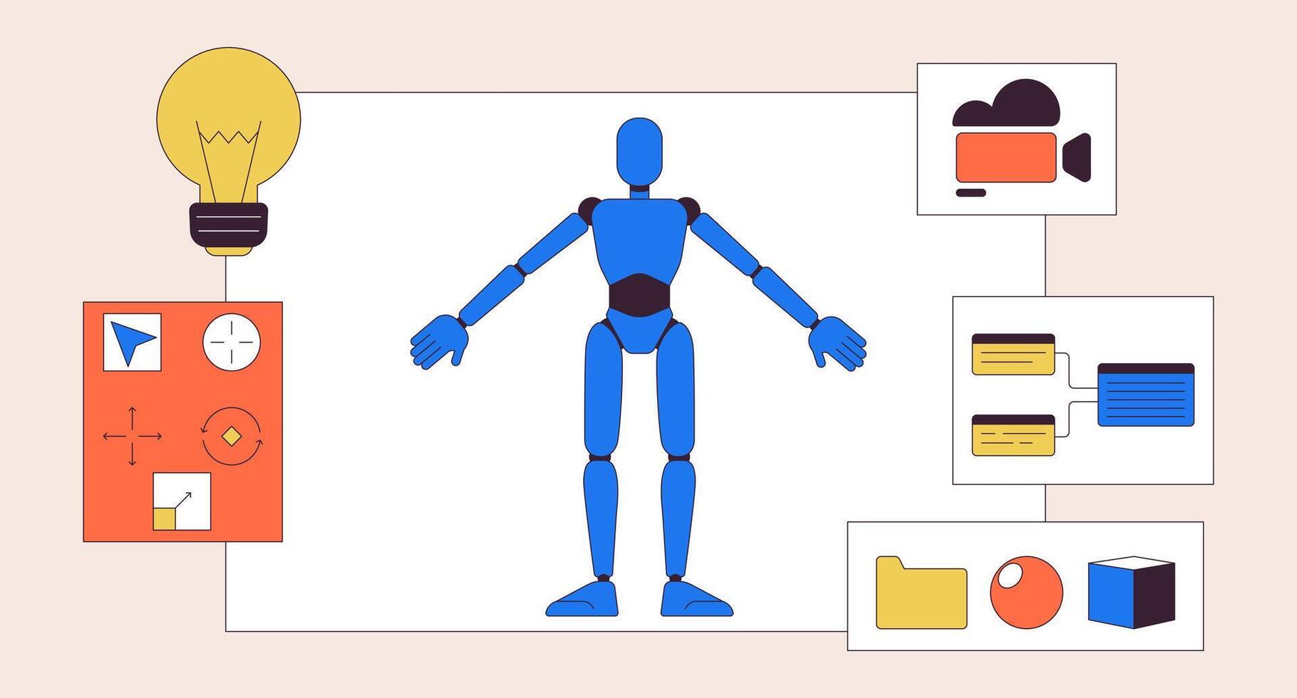 video spel karaktär design 2d linjär illustration begrepp. personlighet modell teckning på skrivbord tecknad serie scen bakgrund. dator spel utveckling liknelse abstrakt platt vektor översikt grafisk