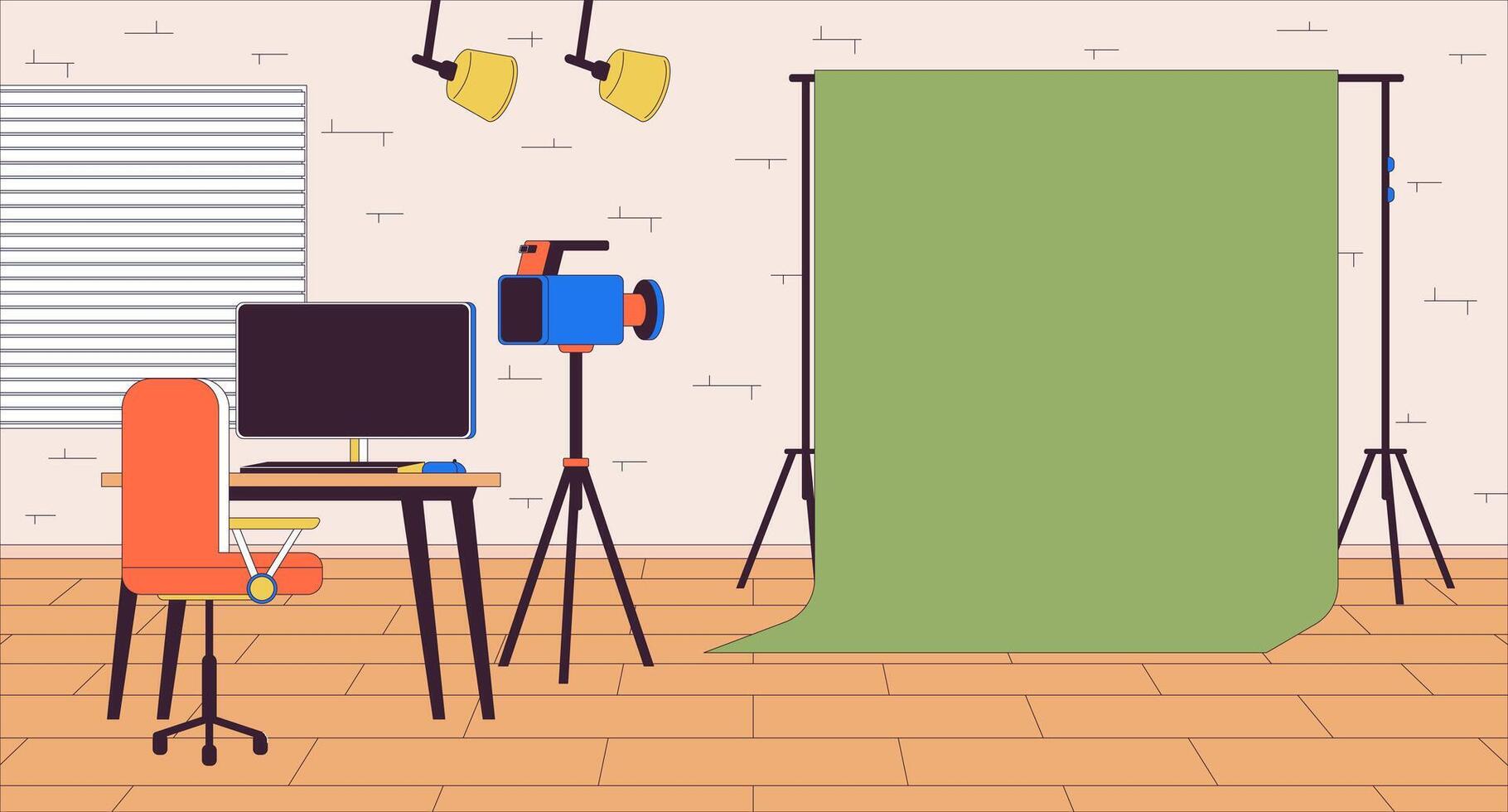 Chromakey skärm på skytte uppsättning tecknad serie platt illustration. tömma video inspelning studio 2d linje interiör färgrik bakgrund. realistisk spel utveckling scen vektor berättande bild