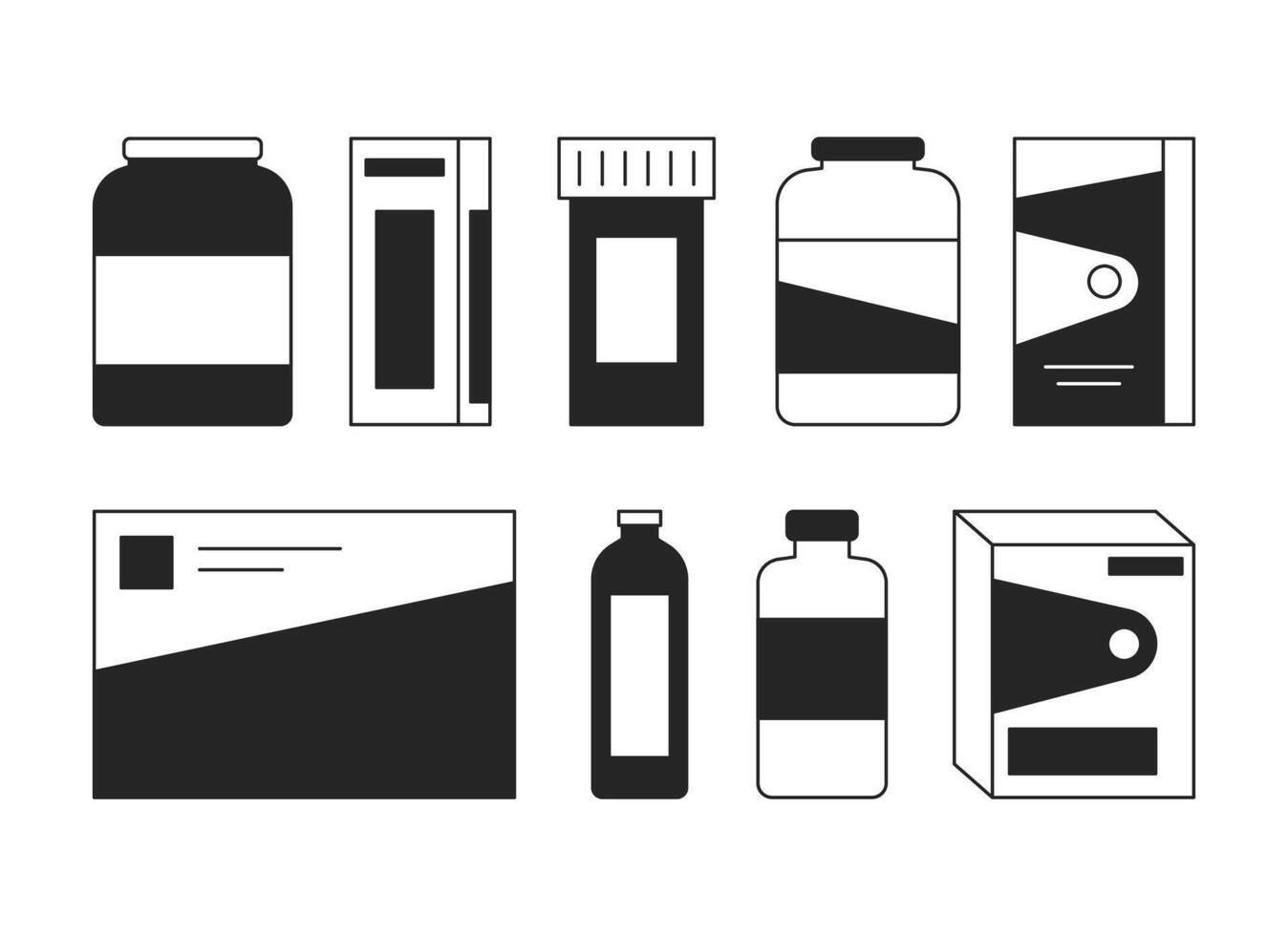 läkemedel mediciner svart och vit 2d linje tecknad serie objekt uppsättning. piller flaskor. medicin paket isolerat vektor översikt objekt samling. tillskott enfärgad platt fläck illustrationer