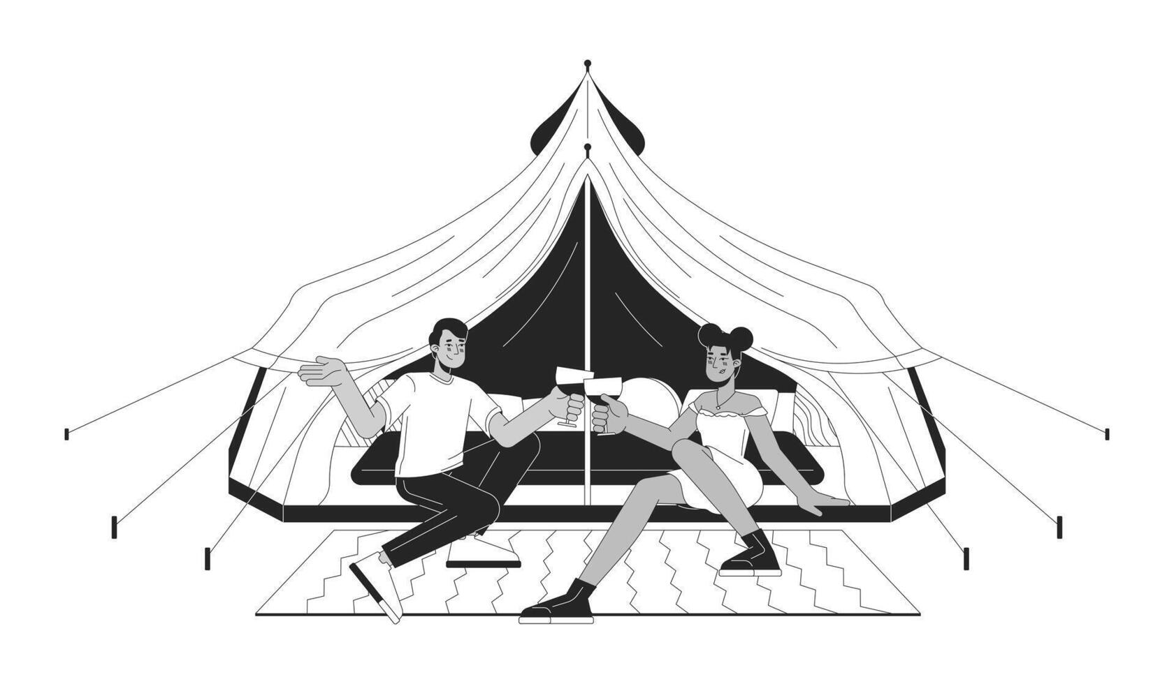 camping romantisk par klirr vinglas svart och vit 2d linje tecknad serie tecken. glamping tält vänner isolerat vektor översikt människor. dricka vin enfärgad platt fläck illustration