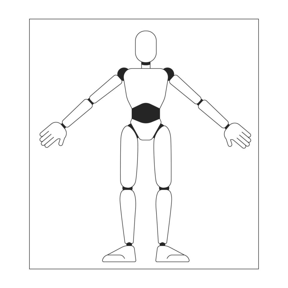 modell av cyborg på papper ark svart och vit 2d linje tecknad serie karaktär. humanoid robot teckning isolerat vektor översikt personlighet. trogen teknik projekt enfärgad platt fläck illustration