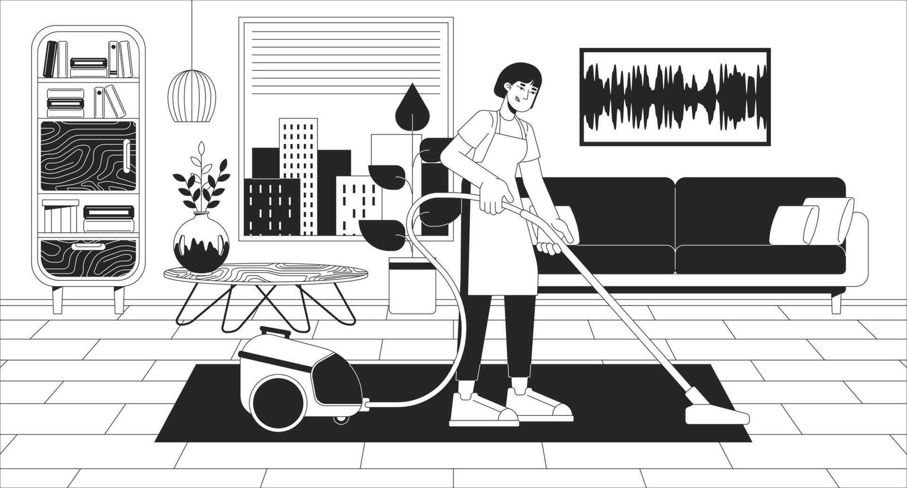 Reinigung Dienstleistungen schwarz und Weiß Linie Illustration. Hilfe mit Haushalt. kommerziell Hausarbeiten. klein Geschäft Arbeit 2d Charakter einfarbig Hintergrund. Leben Zimmer schweben Gliederung Szene Vektor Bild