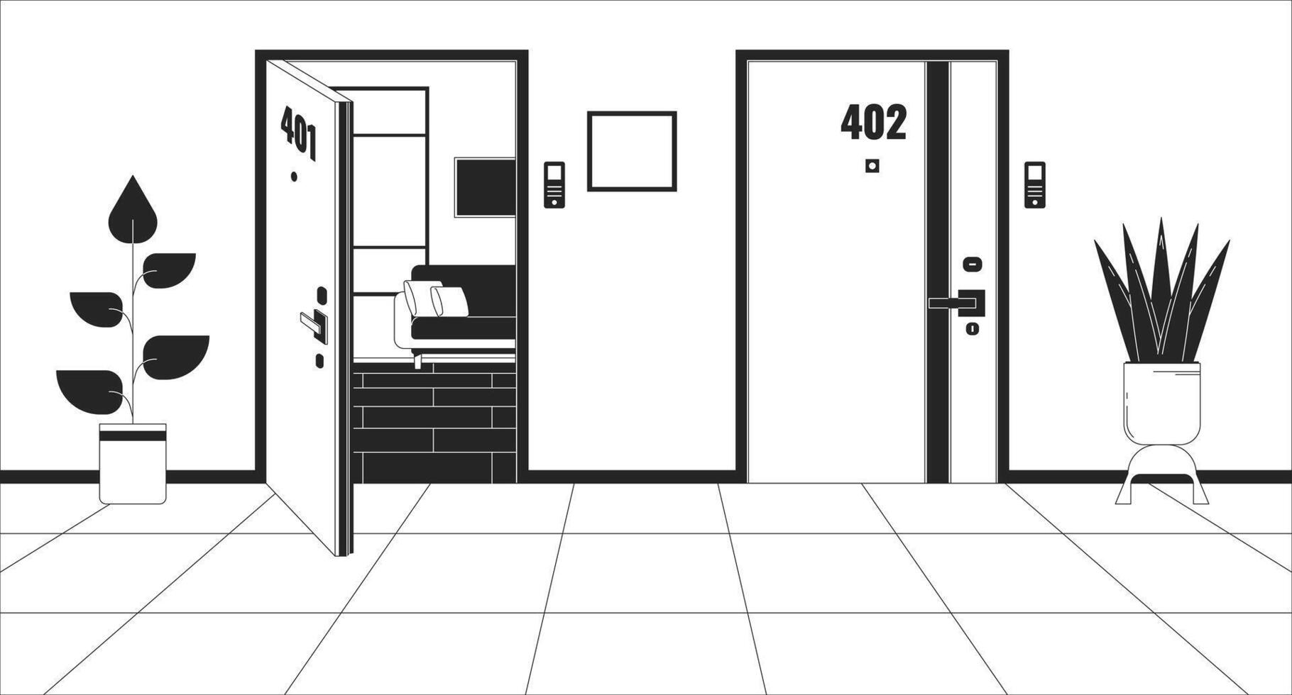 Komplex Wohnung Türen Innerhalb schwarz und Weiß Linie Illustration. Gang Wohn Flur Mauer Wohnung 2d Innere einfarbig Hintergrund. Gegend Türen Residenz Gliederung Szene Vektor Bild