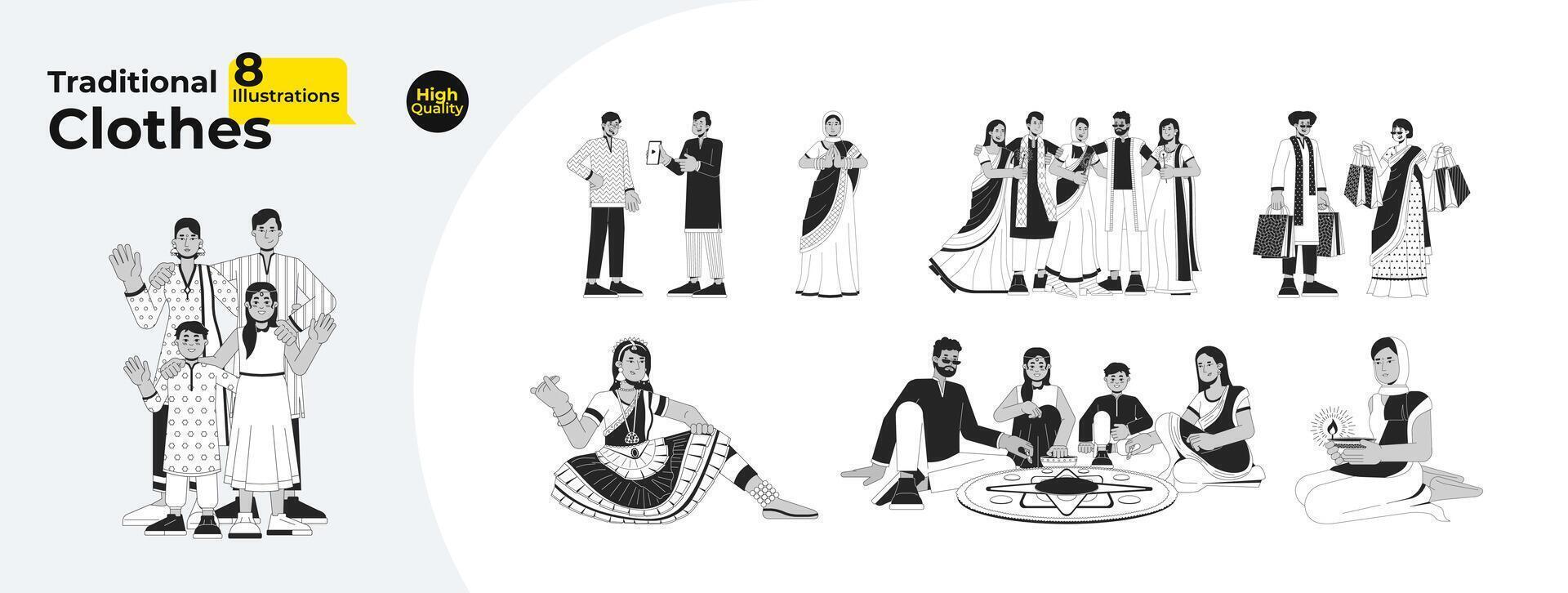 multikulturell Diwali Menschen einfarbig Karikatur eben Illustration bündeln vektor