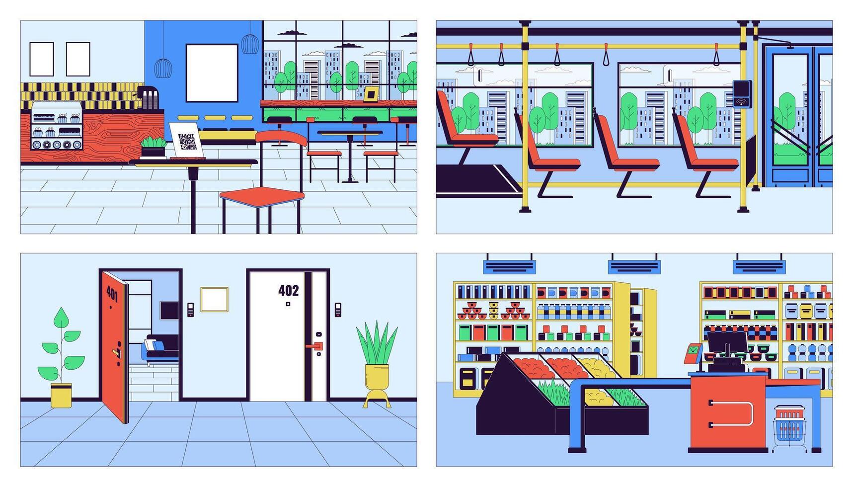 offentlig Plats interiör tecknad serie platt illustration uppsättning. kaffe affär, kolla upp mataffär 2d linje interiörer färgrik bakgrunder samling. hall dörrar, buss säten scener vektor berättande bilder