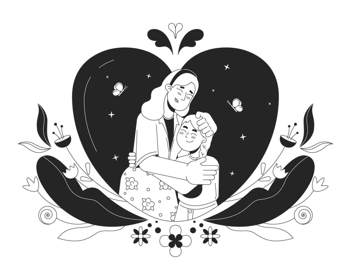 Anerkennung Mutter Tag schwarz und Weiß 2d Illustration Konzept. Nähe zärtlich Mama jung Tochter Karikatur Gliederung Zeichen isoliert auf Weiß. gut warm Moment Metapher einfarbig Vektor Kunst