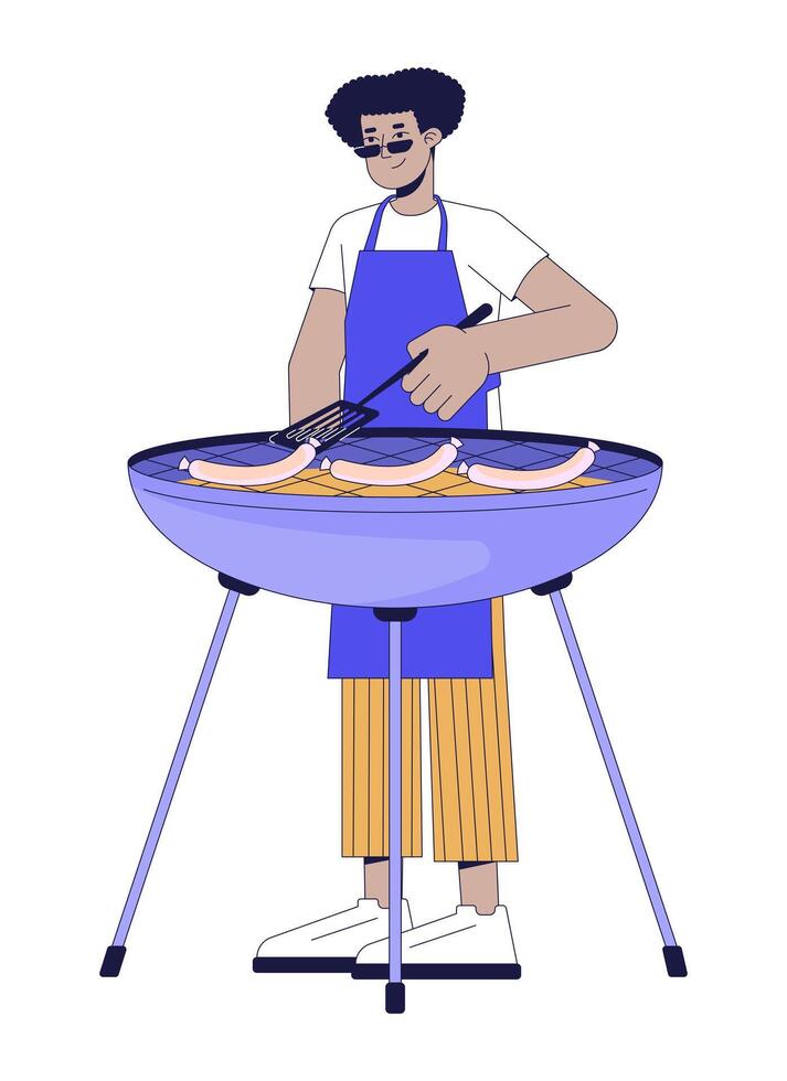Latein amerikanisch Mann Kochen Grill 2d linear Karikatur Charakter. Kerl Grillen Würste auf Kohlebecken isoliert Linie Vektor Person Weiß Hintergrund. Grillparty Party Farbe eben Stelle Illustration