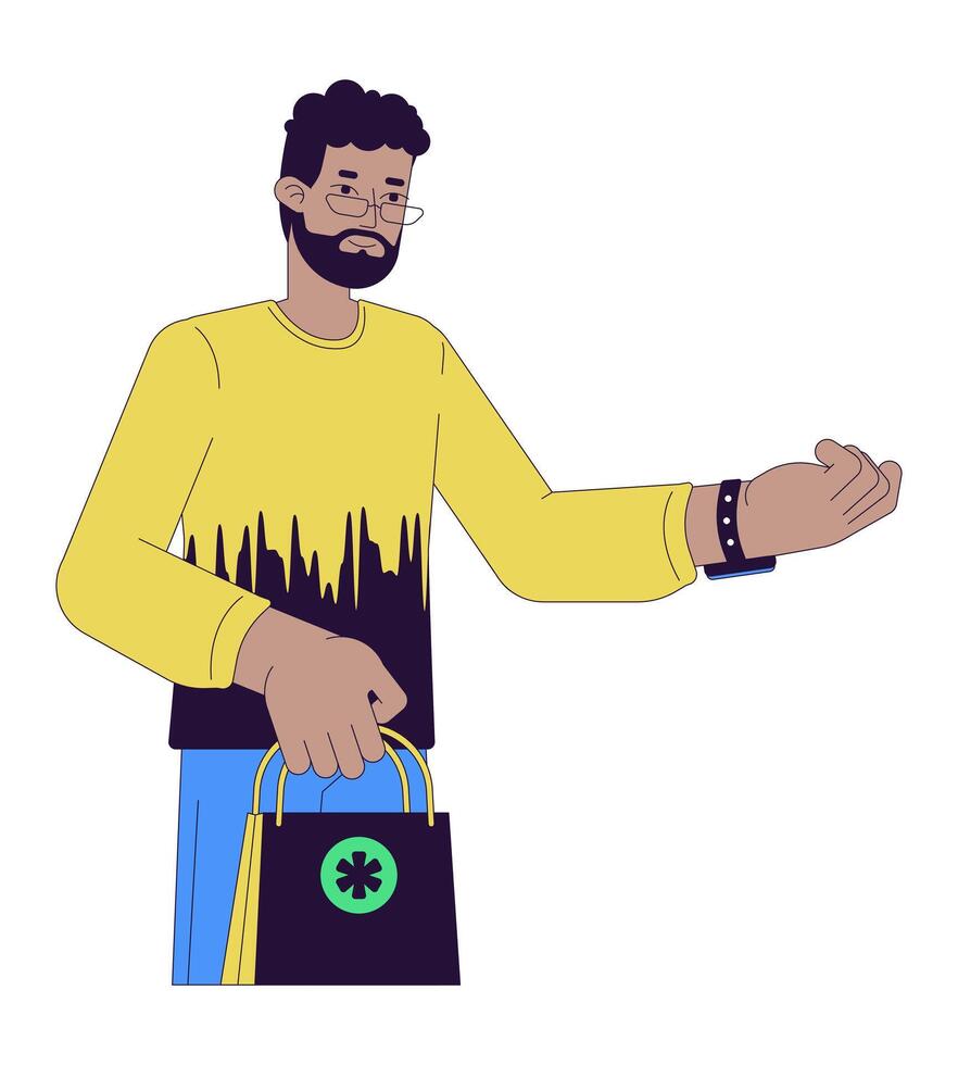 svart manlig apotek kund med nfc Kolla på 2d linjär tecknad serie karaktär. afrikansk amerikan man isolerat linje vektor person vit bakgrund. använder sig av wearable teknologi Färg platt fläck illustration