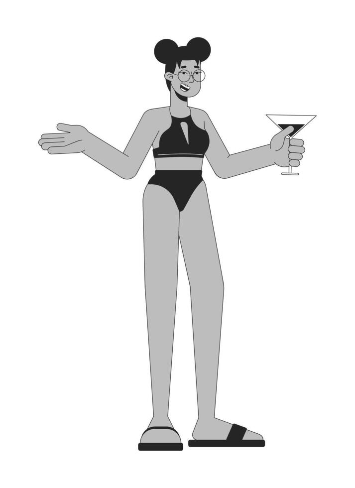 schwarz Frau beim Schwimmbad Party schwarz und Weiß 2d Linie Karikatur Charakter. afrikanisch amerikanisch weiblich halten Cocktail isoliert Vektor Gliederung Person. Sommer aushängen monochromatisch eben Stelle Illustration