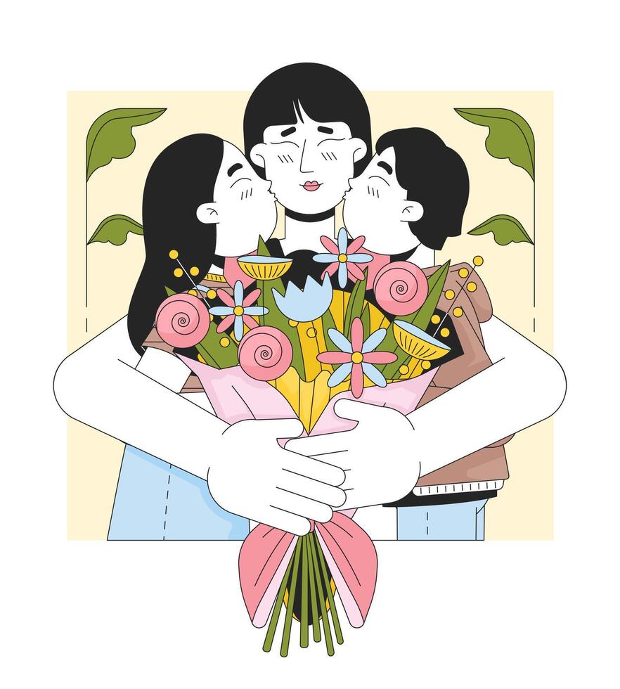 umarmen Mama Glückwunsch Linie Karikatur eben Illustration. asiatisch Mutter Kinder glücklich 2d lineart Zeichen isoliert auf Weiß Hintergrund. Blumen Strauß umarmen. glücklich Mama Tag Szene Vektor Farbe Bild