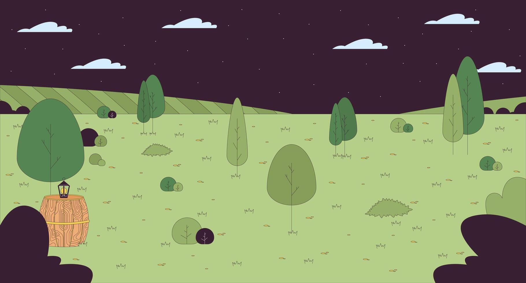 sommar äng under natt himmel tecknad serie platt illustration. lugna landskap vår. gräs- kulle på natt 2d linje landskap färgrik bakgrund. sommartid natur stjärnor nightime scen vektor berättande bild