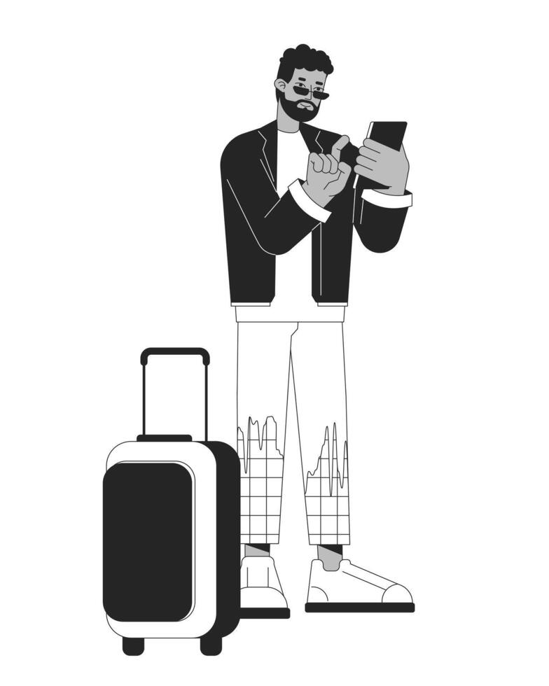 bagage resande man rullning telefon svart och vit 2d linje tecknad serie karaktär. afrikansk amerikan kille isolerat vektor översikt person. resväska man redo semester enfärgad platt fläck illustration