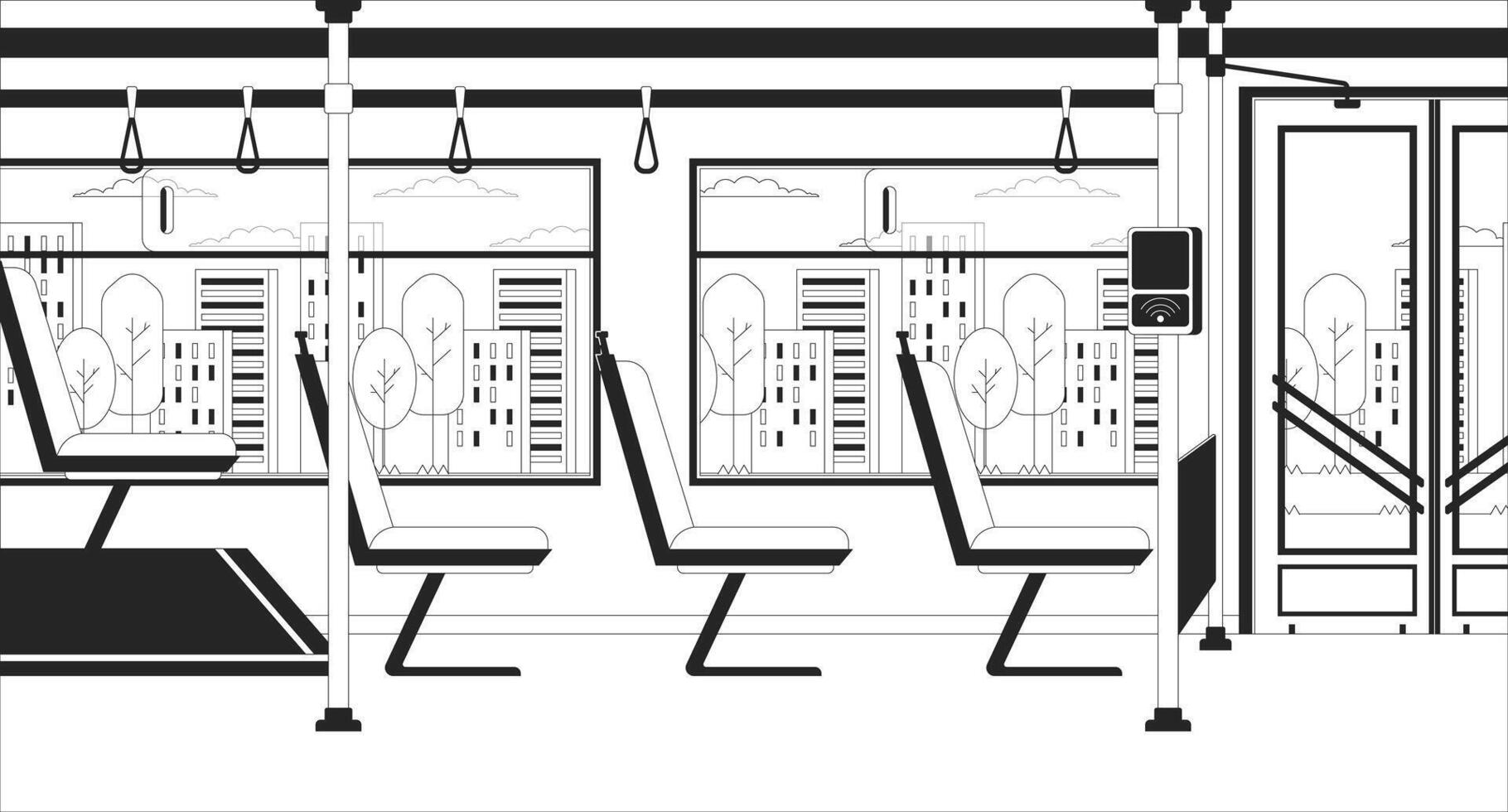 Bus drinnen mit Zahlung Terminal schwarz und Weiß Linie Illustration. Pendler Öffentlichkeit Transport 2d Innere einfarbig Hintergrund. pos Straßenbahn Transport Innerhalb Nein Menschen Gliederung Szene Vektor Bild