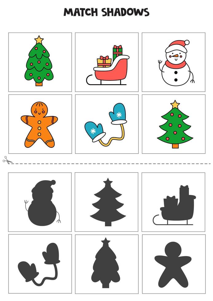 Finde Schatten von süßen Weihnachtselementen. Karten für Kinder. vektor